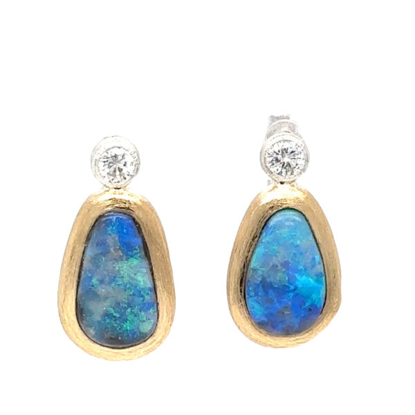 18K yellow gold, Sterling silver, Boulder Opal, Diamond, and (hidden) Sapphire pair of Earrings
